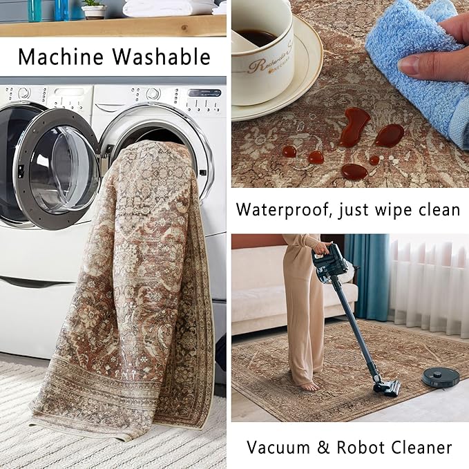 vivorug Brown Runner Rug 2x10 Machine Washable Rug with Non-Slip Backing, Ideal for Kitchen Hallway Entryway Laundry Room - Vintage, Durable, Easy Clean, Low Pile Carpet Runner