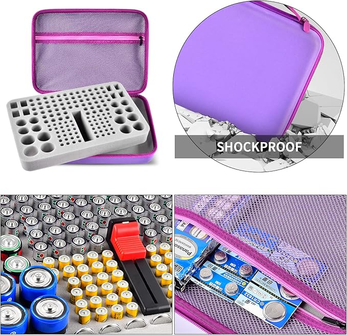 Battery Organizer Storage Holder, 150+ Batteries Storage Containers Box with Battery Tester Fits for AA AAA 9V C D Lithium 3V LR44 CR2016 CR1632 CR2032 CR2025 (Case Not Includes Batteries)-Purple