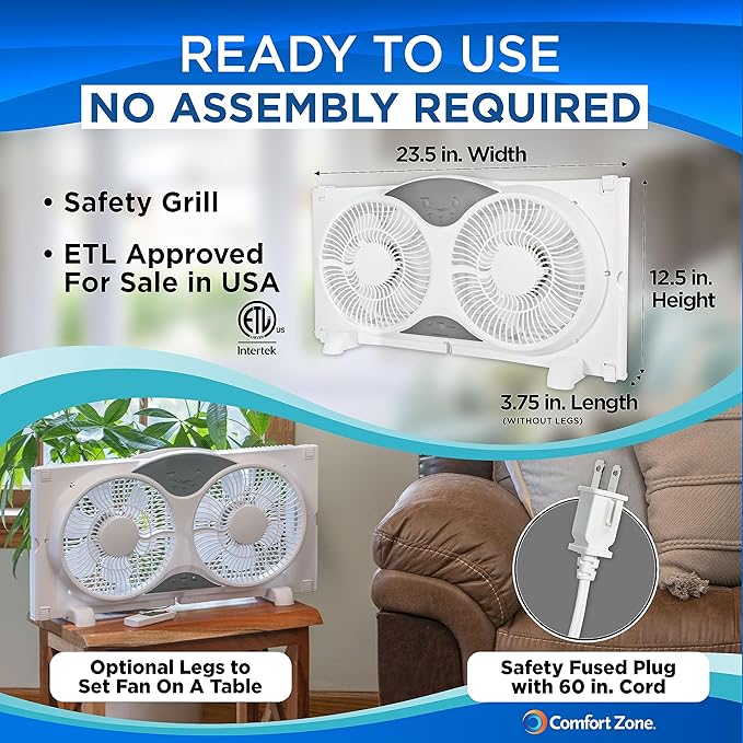 Comfort Zone Twin Window Fan with Remote Control, Removable Cover, Reversible, 9 inch, 3 Speed, 3 Function, Expandable, Exhaust, Airflow 8.40 ft/sec, Ideal for Home, Kitchen, Bedroom & Office, CZ310R
