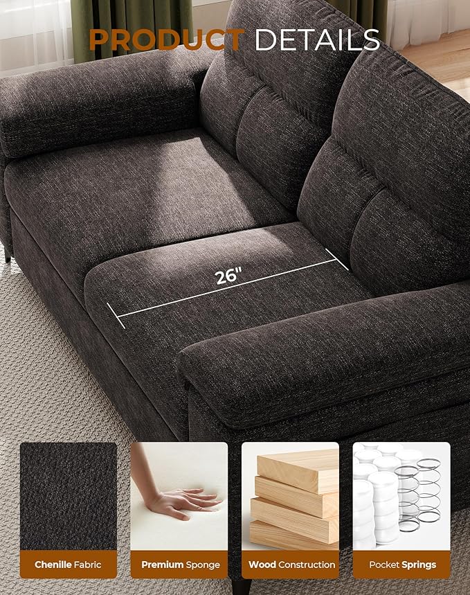 71.25" Modern Sofa Couch for Living Room, Deep Seat Sofas with 8” Cushion, Comfy 2-Seater Chenille Loveseat with Convertible Armrest, Removable Sofa Cover, High Leg (Dark Gray)