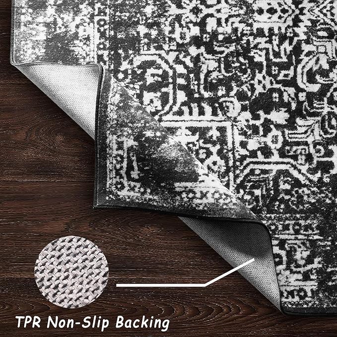 vivorug 3x5 Area Rugs, Stain Resistant Washable Rug for Living Room, Vintage-Inspired Black and White Rug