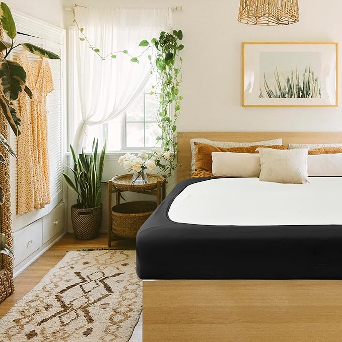 Biscaynebay Decorative Box Spring Cover Twin & Twin XL Size, Black Luxurious Jersey Knitting Stretchy Wrap Around 4 Sides Bed Skirt for Home/Hotels, Easy Fit Wrinkle Free Machine Washable
