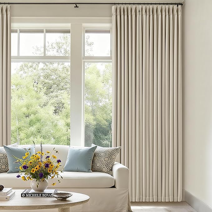 Pinch Pleat Beige 120 Inch Blackout Curtains for Living Room 2 Panels Set 100% Black Out Flax Burlap Beige Oatmeal Pleated Drapes Room Darkening Extra Long Luxury High Ceiling Windows Curtain 10FT