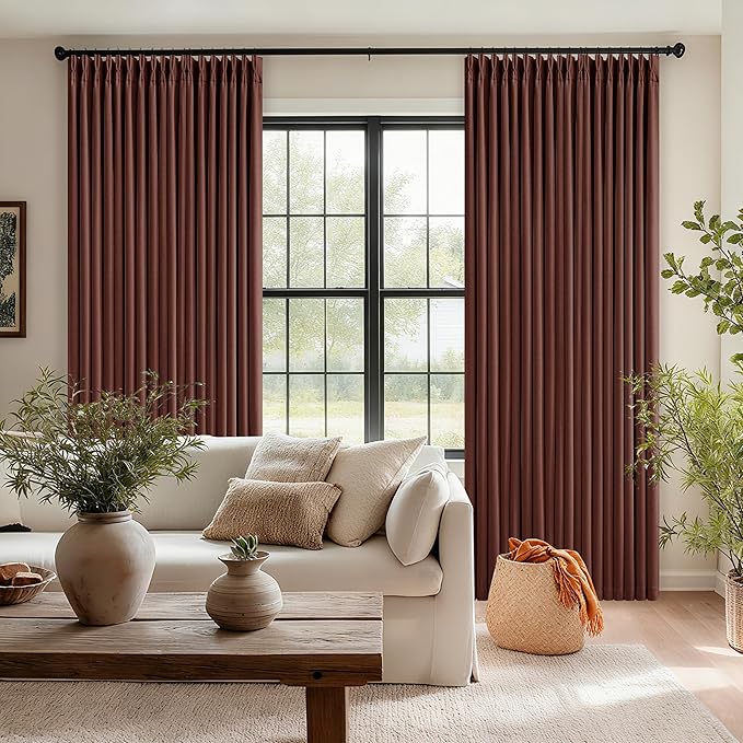 Chestnut Brown Linen Pinch Pleated Blackout Curtains 108 Inches Long for Bedroom Pleated 100% Black Out Drapes with Liner Rust Farmhouse Country Extra Long 108 Inch Curtain for Living Dining Room