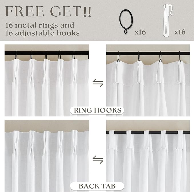 Thick Linen White Curtains 90 Inches Long for Living Room Bedroon Aesthetic Pinch Pleated Drapes with Hooks Rings Back Tab Light Filtering Semi Sheer Ceiling Floor Custom Made Memory Trained Curtain
