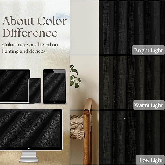 Linen Curtains 108 Inches Long 2 Panels Set for Living Room Farmhouse Boho Linen Textured Pinch Pleated Memory Shape Light Filtering Ceiling Semi Sheer 108 Inch Window Curtain with Hook Rings Black