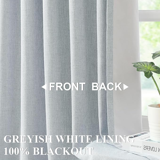 Vision Home Blue Fog Linen Full Blackout Curtains 108 inch for Bedroom Living Room Darkening Soundproof Window Panels 9FT Thermal Insulated Rod Pocket Back Tab Farmhouse Drapes 56" Wx108 Lx2