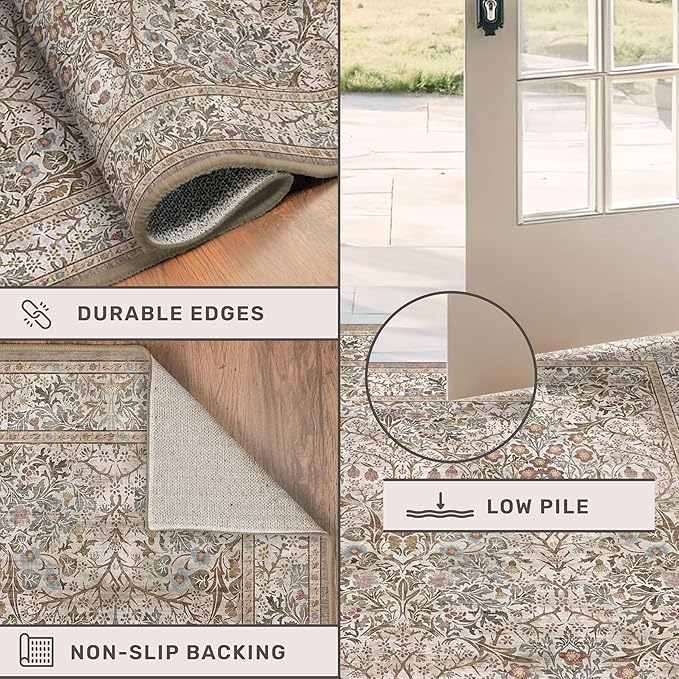 Vintage Moss Green Living Room Rug, 8x10 Washable Area Rugs for Bedroom, Dining Room Rugs Under Kitchen Table, Oriental Taupe Low Pile Stain Resistant Non-Slip Large Rug
