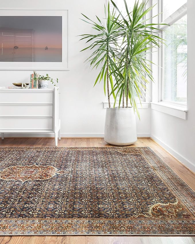 Loloi Layla Collection LAY-09 Cobalt Blue/Spice 7'-6" x 9'-6" .13" Thick Area Rug, Soft, Durable, Vintage Inspired, Distressed, Low Pile, Non-Shedding, Easy Clean, Printed, Living Room Rug