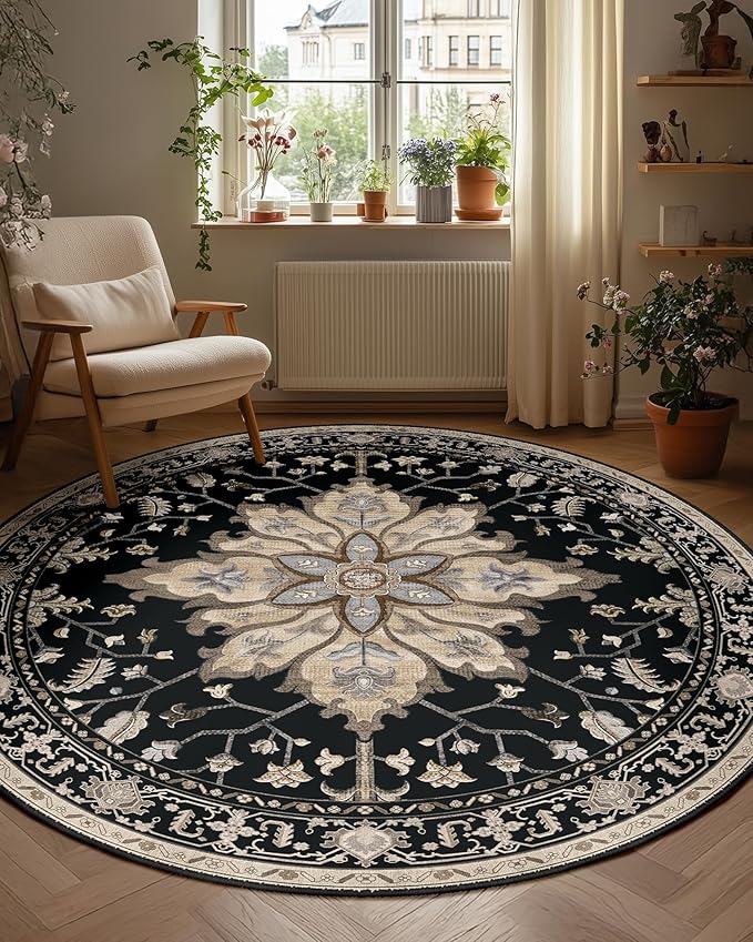 Area Rugs 8ft Washable Non-Slip, Floral Vintage Distress Print Pattern Medallion Carpet for Living Room Bedroom Dining Room, Black Brown Neutral Dark Tan