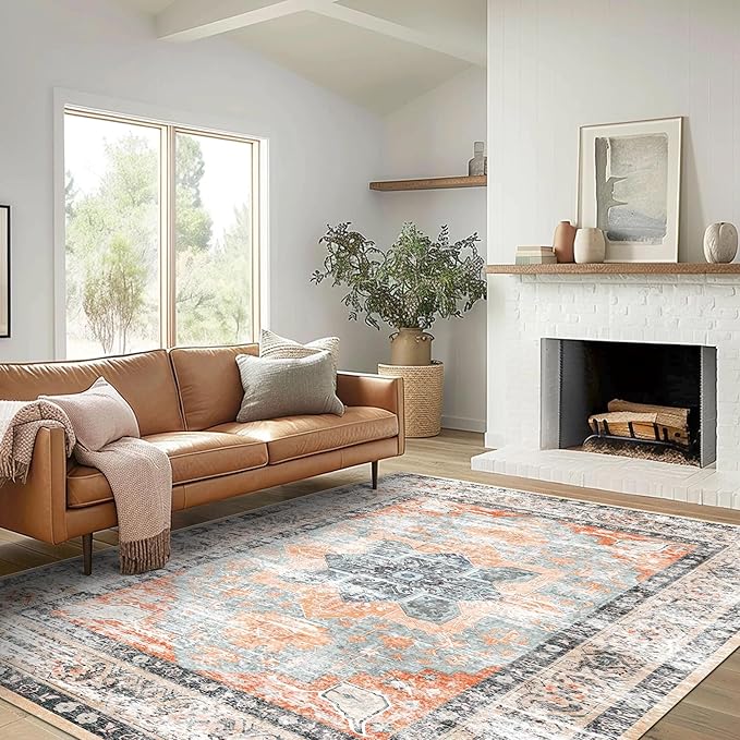 vivorug 5x7 Area Rugs - Ultra-Thin Washable Rug with Non-Slip Backing, Ideal for Living Room, Bedroom, Dining Room Indoor - Vintage, Easy Clean, Durable, Low Pile Rug Orange