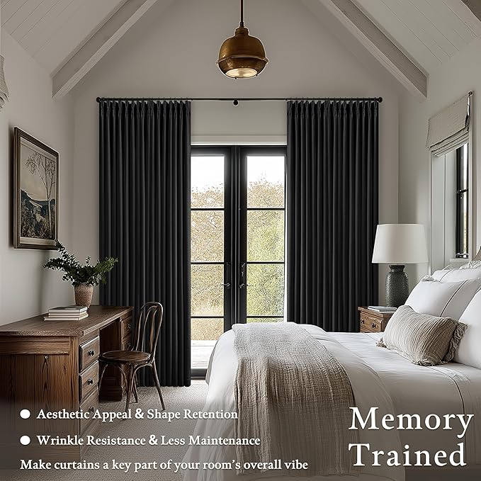 Black 96 Inch Blackout Pinch Pleated Curtains 2 Panel Set for Living Room Darkening Thick Linen Textured 100% Black Out Drapes 96 Inches Long Pinch Pleat Back Tab Light Blocking Bedroom Curtains