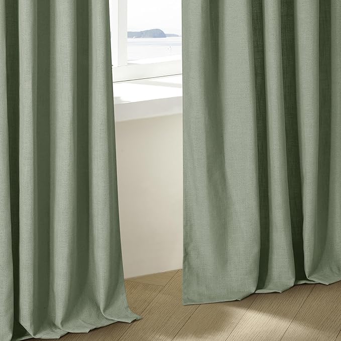 Green Linen Curtains 108 Inches Long 2 Panels Set for Living Room Farmhouse Boho Linen Textured Pinch Pleated Memory Shape Light Filtering Ceiling Semi Sheer Window Curtain Hook Rings Sage Green