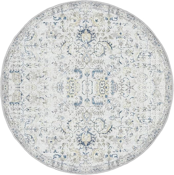 jinchan Kalen Round Rug 6ft Area Rug Washable Vintage Indoor Retro Accent Floor Cover Distressed Floral 6' Round Circle Boho Non Slip Thin Carpet for Living Room Dining Room Bedroom Kitchen Blue