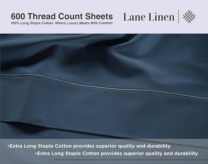 LANE LINEN California King Sheets Sets - 4 PCs. 600 Thread Count Cal King Sheet Set - 100% Cotton Sheets Cal King - Ultra Soft, Sateen Weave California King Bed Sheets Set - Denim