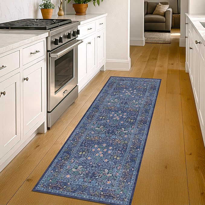 Non Slip 2x5 Dark Blue Entryway Runner Rug - Washable Small Throw Rugs for Bathroom, Bedroom, Laundry Room, Hallway, Kitchen Floor Mat, Dusky Navy Vintage Oriental Décor