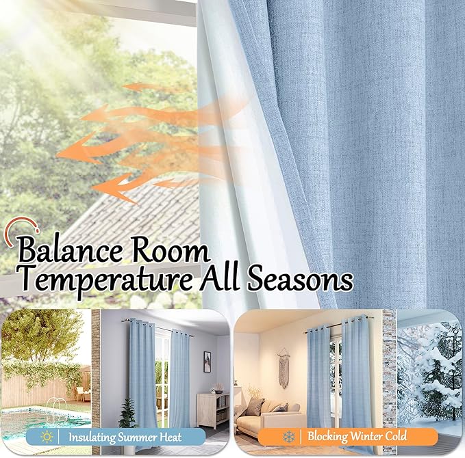 Blue Linen Blackout Curtains for Kids Bedroom Nursery 84 Inch Length 2 Panels, Thermal Insulated Full Room Darkening Noise Reducing Privacy Window Curtains for Boy Room, Each 52 Inch Wide