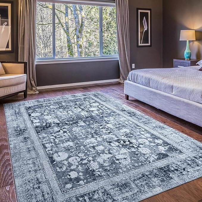 Area Rug 8×10, Large Vintage Boho Rug,Ultra-Soft Low Pile, Washable, Non Slip,Stain Resistant, Printed Carpet for Living Room Bedrooms Playroom Office Kitchen, Stone/Blue