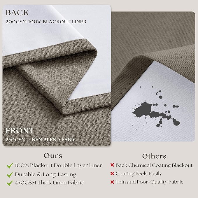 Taupe Gray Linen Blackout Pleated Curtains 90 Inches Long for Living Room Darkening Pinch Pleat 100% Black Out Drapes Thermal Insulated Soundproof Greyish Brown 90 Inch Curtain for Dining Bedroom