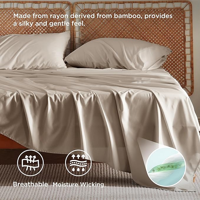 Bedsure King Size Sheets Set, Cooling Sheets for Hot Sleepers, Rayon Derived from Bamboo, Breathable & Soft, Deep Pocket Up to 16 Inches, Hotel Luxury Silky Bedding, Simply Taupe