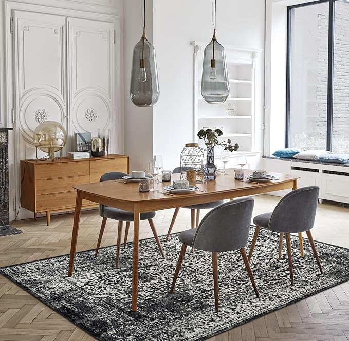vivorug 4x6 Area Rugs, Stain Resistant Washable Rug for Living Room, Vintage-Inspired Black and White Rug
