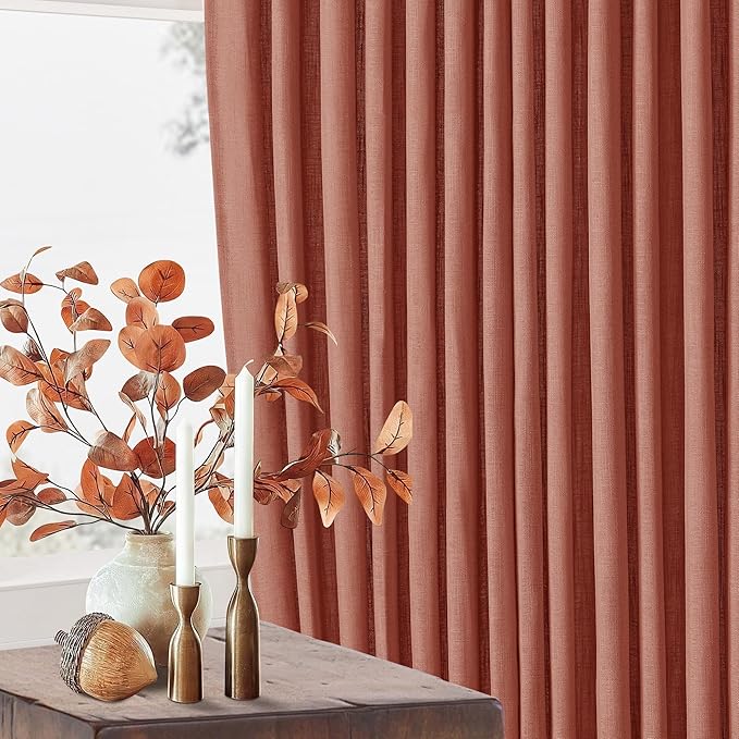 Pinch Pleated Terracotta Linen Curtains 84 Inches Long 2 Panels Set for Living Room Dining Pinch Pleat Back Tab Light Filtering Farmhouse Boho Retro Window Curtain Drapes Red Clay Autumn Fall Decor