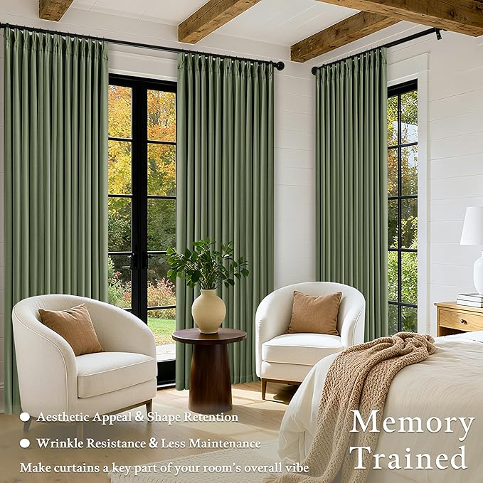 102 Inch Linen Pleated Black Out Curtains 2 Panels Set for Bedroom Living Room Darkening 100% Blackout Memory Trained Farmhouse Rustic Farmhouse Pinch Pleat Window Curtain Olive Green 102 Inch Length