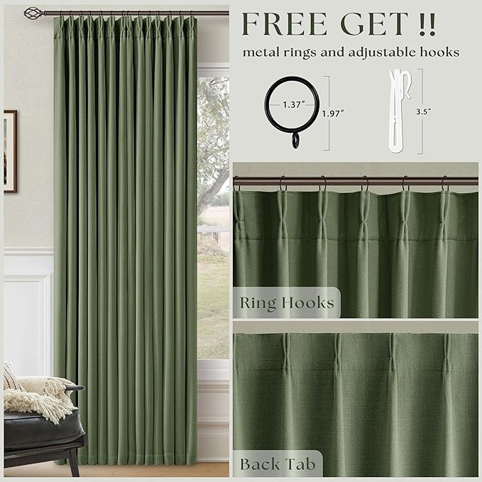 Thick Linen Olive Green Blackout Curtains 90 Inches Long for Living Room Bedroom 100% Black Out Pinch Pleated Drapes Double Layer Room Darkening Light Blocking Thermal Insulated 90 Inch Curtain Loden