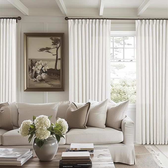 Extra Wide Pinch Pleat Curtains 120 Inches Long for Patio Sliding Glass Door White Linen 70 Inch Wide Curtain Memory Trained Pleated Drapes with Hooks Rings Semi Sheer 70x120 Curtain for Large Window