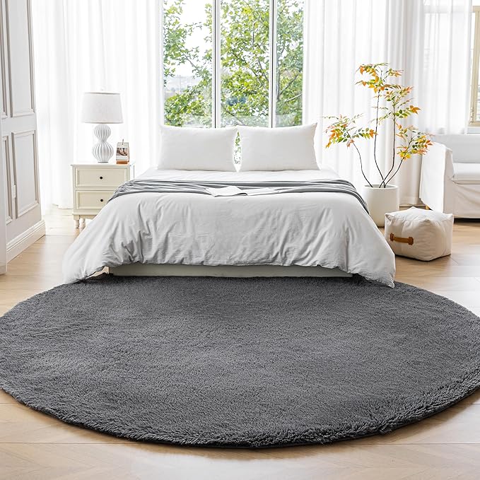 Amazon Basics Fluffy Washable Round Area Rug, Circle Shaggy Carpet for Living Room, Bedroom, Nursery, 8'R, Dark Gray