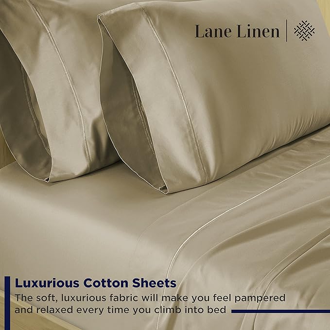 LANE LINEN 600 Thread Count 100% Mercerized Cotton Full Bed Sheets Set, Ultra Soft Sateen Weave Fully Elasticized Fitted, Soft & Comfy Natural Cooling Full Sheet & Pillowcase Set - Linen
