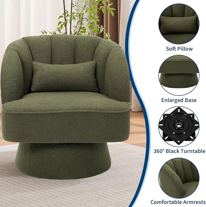 GarveeHome Modern Swivel Barrel Accent Chair, 360° Teddy Fabric Upholstered Armchair with Striped Backrest & Plush Padding, Comfy Round Lounge Chair for Living Room, Bedroom, Reading Nook, Green 2 PCS