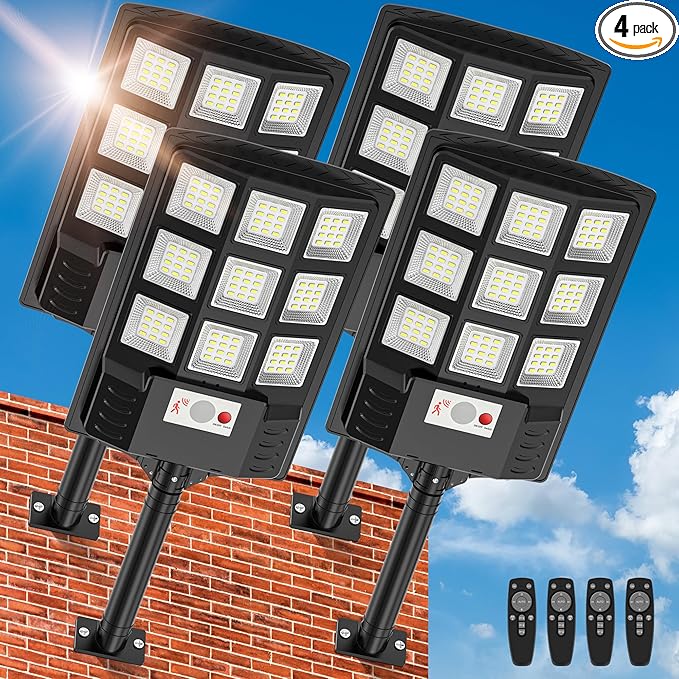Solar Lights Outdoor,IP66 Waterproof Solar Street Lights Outdoor,6500K LED Dusk to Dawn Security Flood light with Motion Sensor and Remote Control for Yard,Parking Lot, Courtyards,Garages 4-Pack