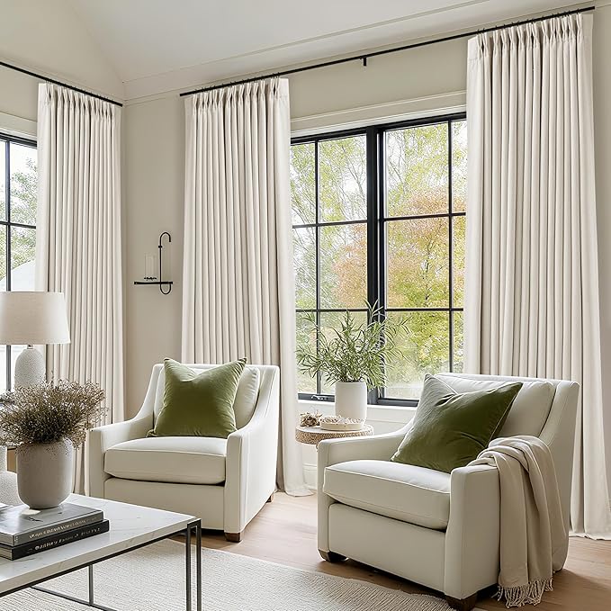 Cream White Linen Blackout Pleated Curtains 108 Inches Long 2 Panels Set Pinch Pleate 100% Black Out Double Layer Natural Burlap Thermal Insulated Drapes for Bedroom Living Windows 108 Inch Length