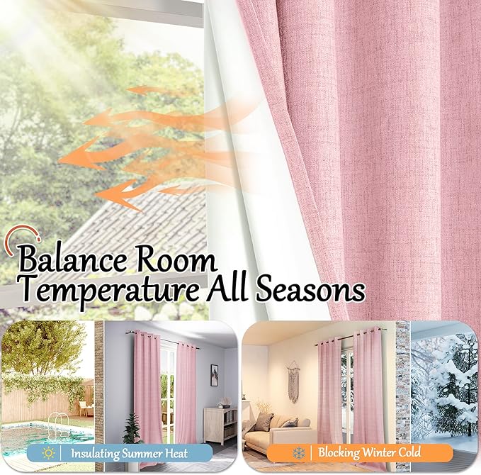 Baby Pink Linen Blackout Curtains for Nursery 63 Inch Length 2 Panels Set, Thermal Insulated Boho Total Black Out Noise Reducing Bonzer Grommets Window Curtains for Girls Bedroom, Each 60 Inch Wide