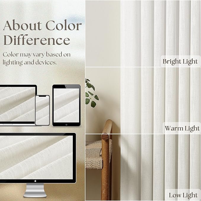 Beige White Pinch Pleated Extra Wide Curtain Panels 90 Inches Long 100 Wide Linen Curtain for Sliding Glass Door Semi Sheer Hooks Rings Privacy 90 Inch Length Drape for Living Room 100x90 1 Panel