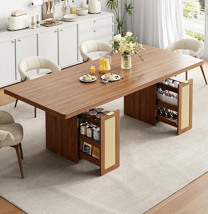 LIKIMIO 78.7" Farmhouse Dining Table for 6-8 People, Extra Thick Wood Top with 2 Hidden Adjustable Storage Drawers, Modern Woven Rattan Table for Dining Room, Kitchen, Living Room, Vintage Brown