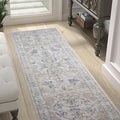 jinchan Hallway Runner Rug 2x10 Machine Washable - Vintage Floral Non-Slip Low-Pile Soft Ultra-Thin Faux Wool Kitchen Rug Distressed Carpet Runner for Farmhouse Bedroom Laundry Room (2x10ft, Blue)