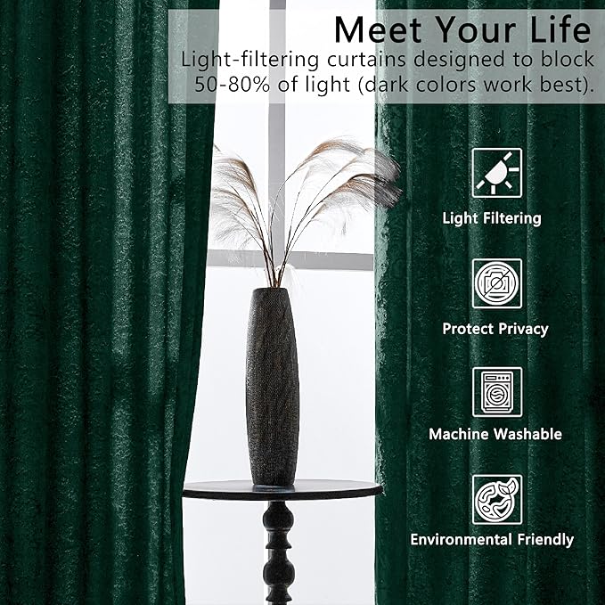 SMILETIME Forest Green Crushed Velvet Curtains 52x96inch Rod Pocket Luxurious Thermal Insulated Soundproof Drapes Soft and Durable Light-Filtering Window Treatments for Living Room Bedroom, 2 Panels