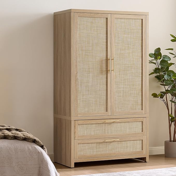 SICOTAS Rattan Armoire Wardrobe Closet Cabinet, 71" Wardrobe Storage Cabinet with 2 Drawers, and Hanging Rod, Boho Large-Capacity Deep Armoire Clothes Organizer for Bedroom, Cloak Room, Light Oak