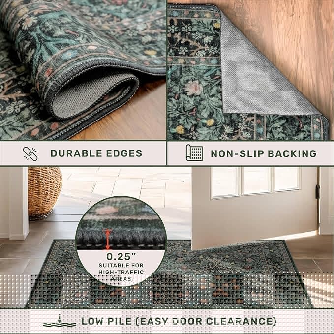 Dark Green 2'6" x 10' Runners for Wide Hallways Non Slip, Extra Long 10ft Floor Runner for Kitchen, Entryway Indoor, Washable Rubber Backing Stain Resistant - Vintage Floral Décor