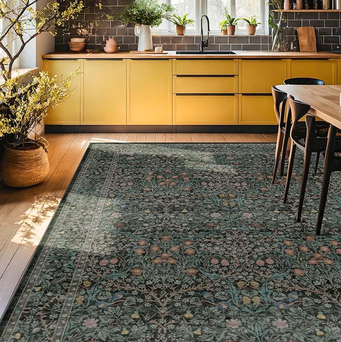 Washable Dark Green Rug for Living Room - 8x12 Large Area Rug for Dining Room Under Table, Bedroom, Soft Low Pile Non-Slip Stain Resistant Carpet - Vintage Floral Décor