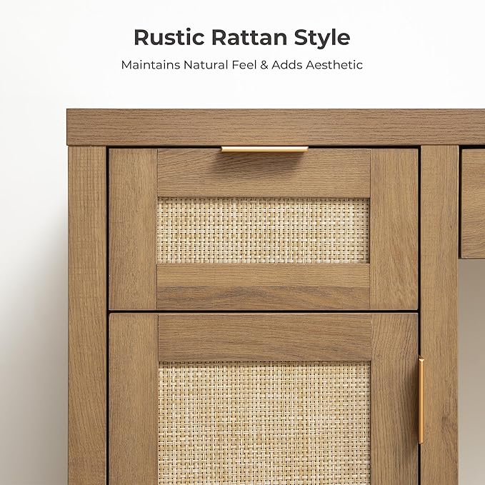 SICOTAS Rattan Vanity Home Office Desk - 52" Large Farmhouse Boho Makeup Vanity Dressing Table with 3 Drawers & 2 Storage Cabinets, Vanities Desk for Makeup Room,Bedroom, Home Office, Oak