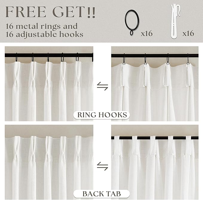 Off White Patio Sliding Door Curtains 100 Width 102 Inches Long Pinch Pleated Curtain Drape with Hooks Rings Light Filtering Semi Sheer Extra Wide 100x102 Drapes Panel for Living Dining Room