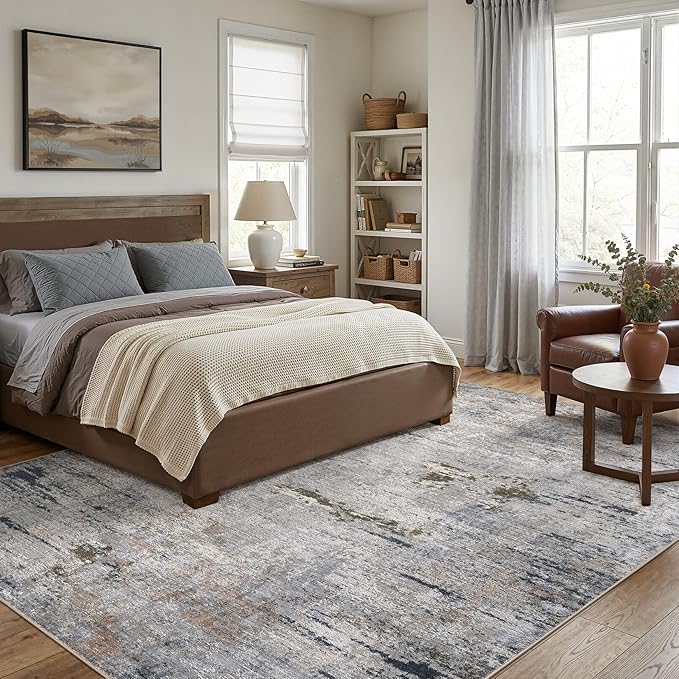 Area Rug Living Room Rugs - 10x14 Washable Large Soft Indoor Neutral Modern Abstract Low Pile Rug Carpet for Bedroom Dining Room Farmhouse Home Office - Blue/Grey/Brown