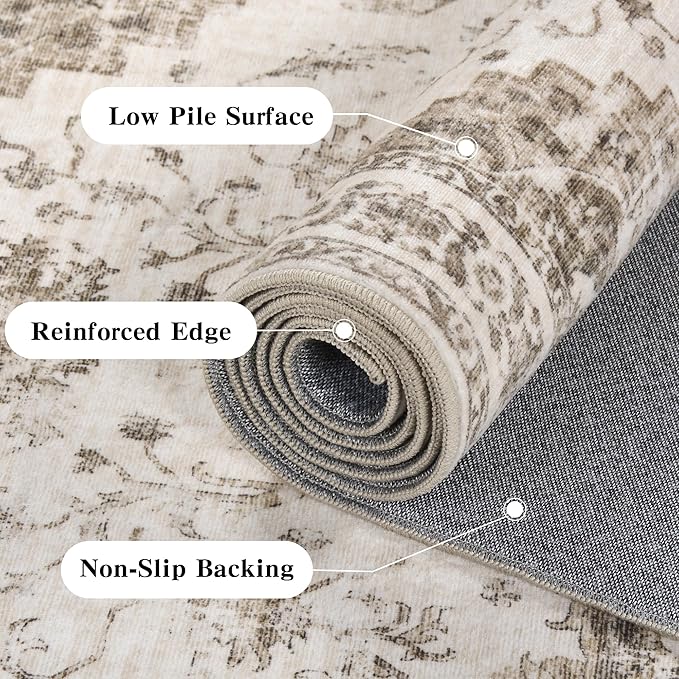 8x10 Vintage Washable Area Rugs Boho Medallion Large Distressed Retro Accent Carpet Floral Non-Slip Soft Low Pile Indoor Throw Rug for Living Room Bedroom Dining Room Office Kitchen, Taupe