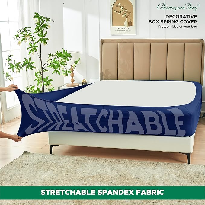 Biscaynebay Decorative Box Spring Cover Full & Full XL Size, Navy Luxurious Jersey Knitting Stretchy Wrap Around 4 Sides Bed Skirt for Home/Hotels, Easy Fit Wrinkle & Fade Free Machine Washable