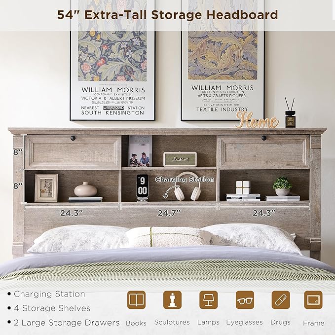 T4TREAM Farmhouse King Size Bed Frame with 54" Tall Storage Bookcase Headboard, Wood Platform Bed Frame with 18" Roman Column Decoration Footboard & 2 Drawers, No Box Spring Needed(Light Rustic Oak)
