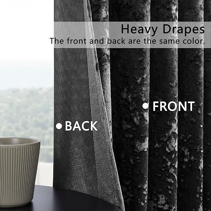 SMILETIME Black Crushed Velvet Curtains 52x96inch Rod Pocket Luxurious Thermal Insulated Soundproof Drapes Soft and Durable Light-Filtering Window Treatments for Living Room Bedroom, 2 Panels
