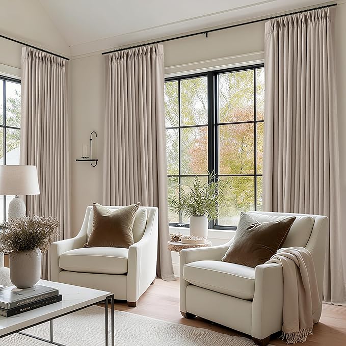 Pinch Pleated Blackout 102 Inch Bedroom Curtains 2 Panels Set Linen Dual Layer Soundproof Farmhouse Window Drapes for Living Room with Hooks Rings Back Tab 100% Black Out Window Drapes 40x102